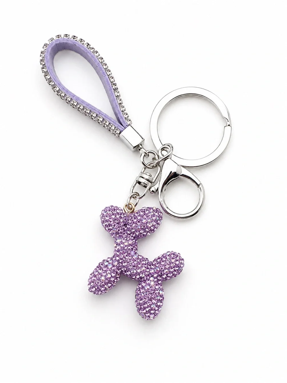 Lavender Crystal Balloon Dog Keychain with Rhinestone Loop